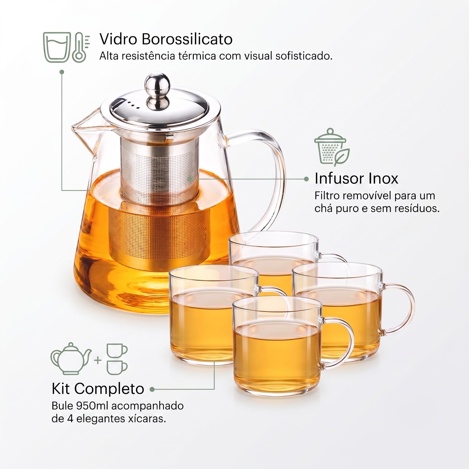 Bule de Vidro c/ Infusor 950ml e 4 Xícaras Borossilicato