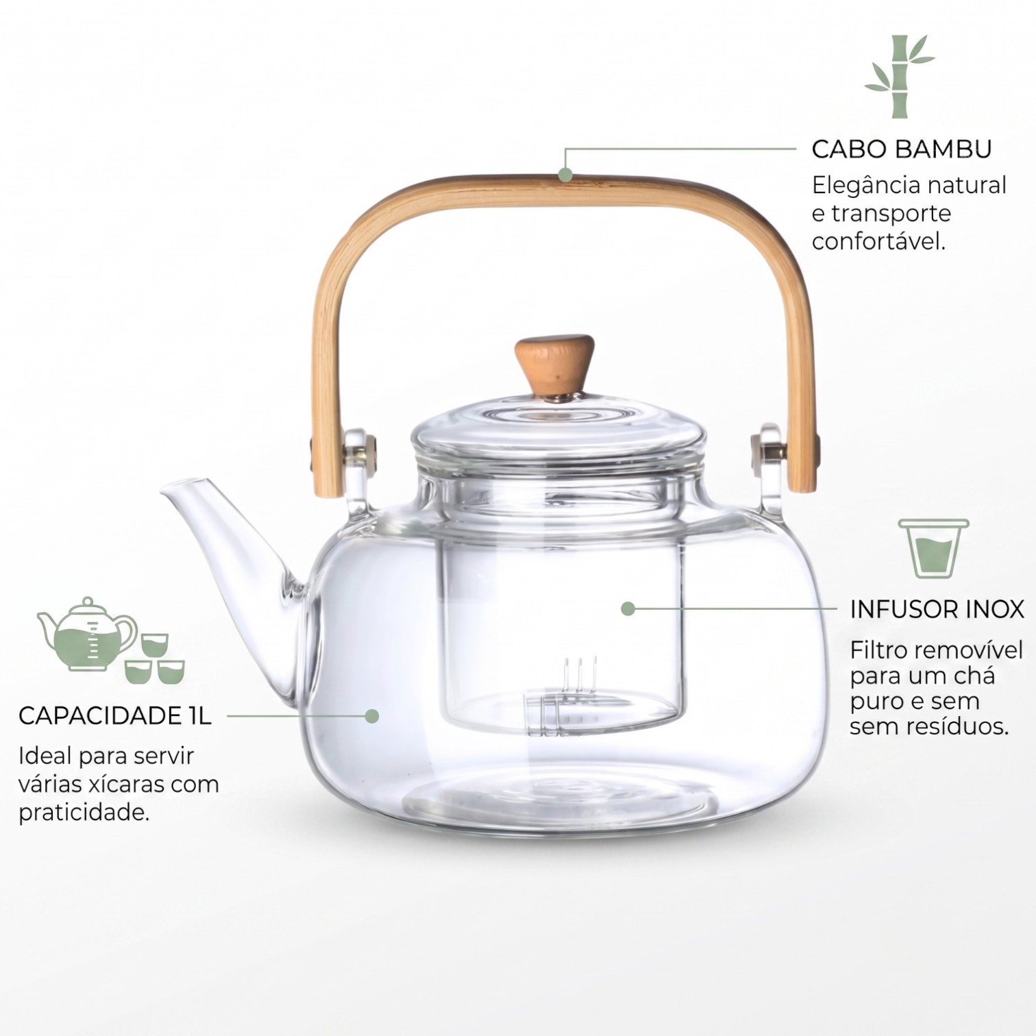 Chaleira Infusora 1L c/ Infusor de Chá Cabo Bambu