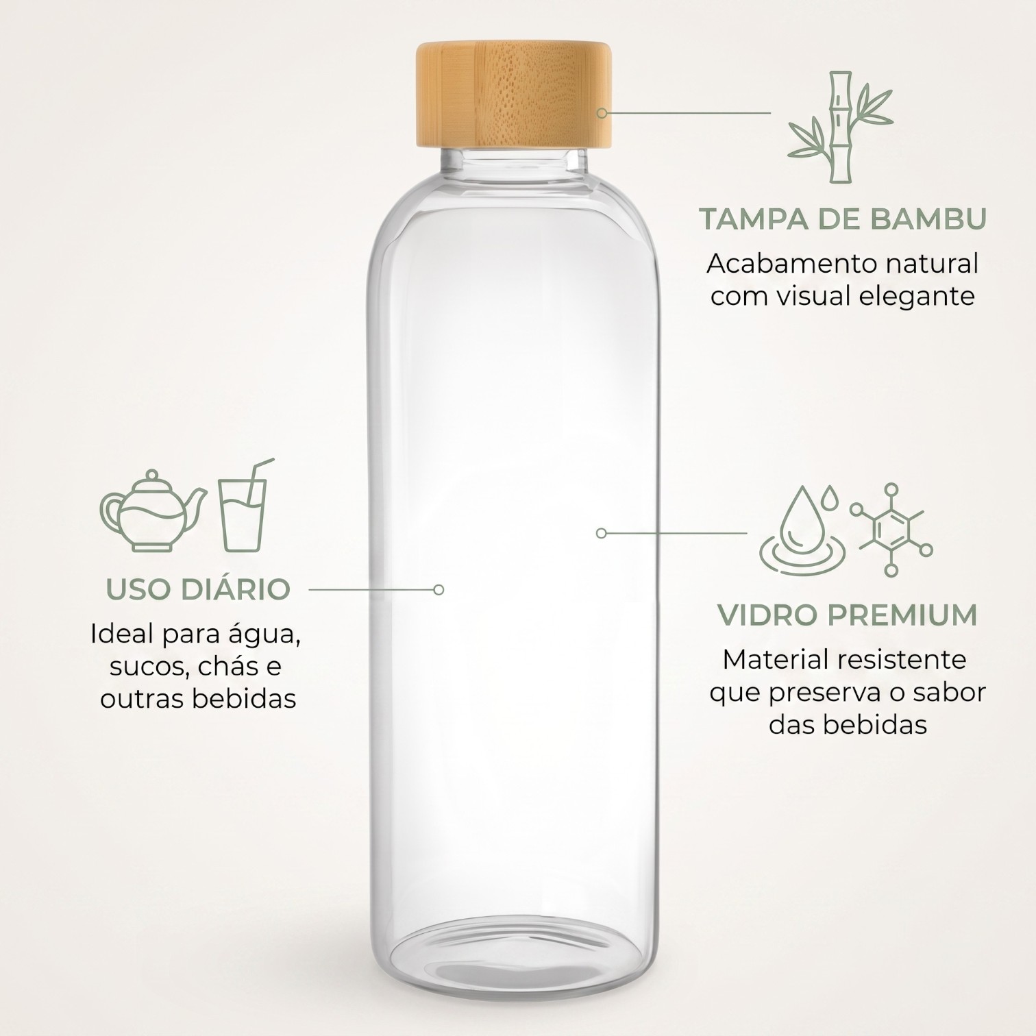 Garrafa de Vidro Borossilicato 550ml Tampa de Bambu