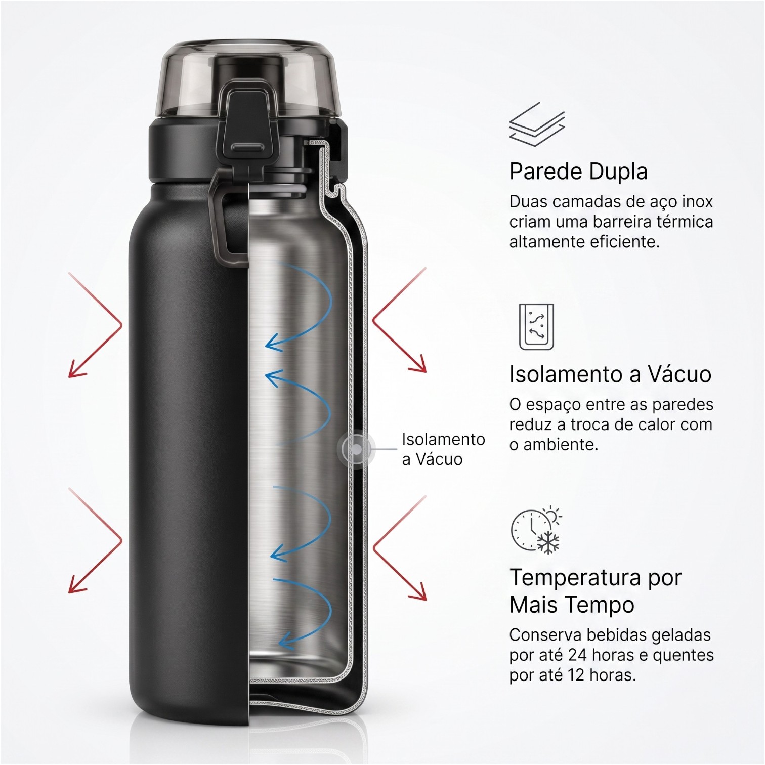 Garrafa Térmica Inox 800ml Tampa c/ Trava Preta
