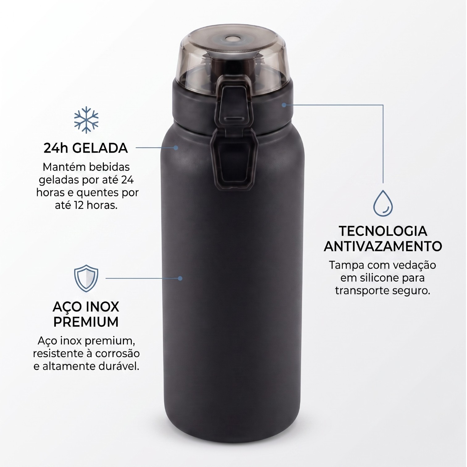 Garrafa Térmica Inox 800ml Tampa c/ Trava Preta