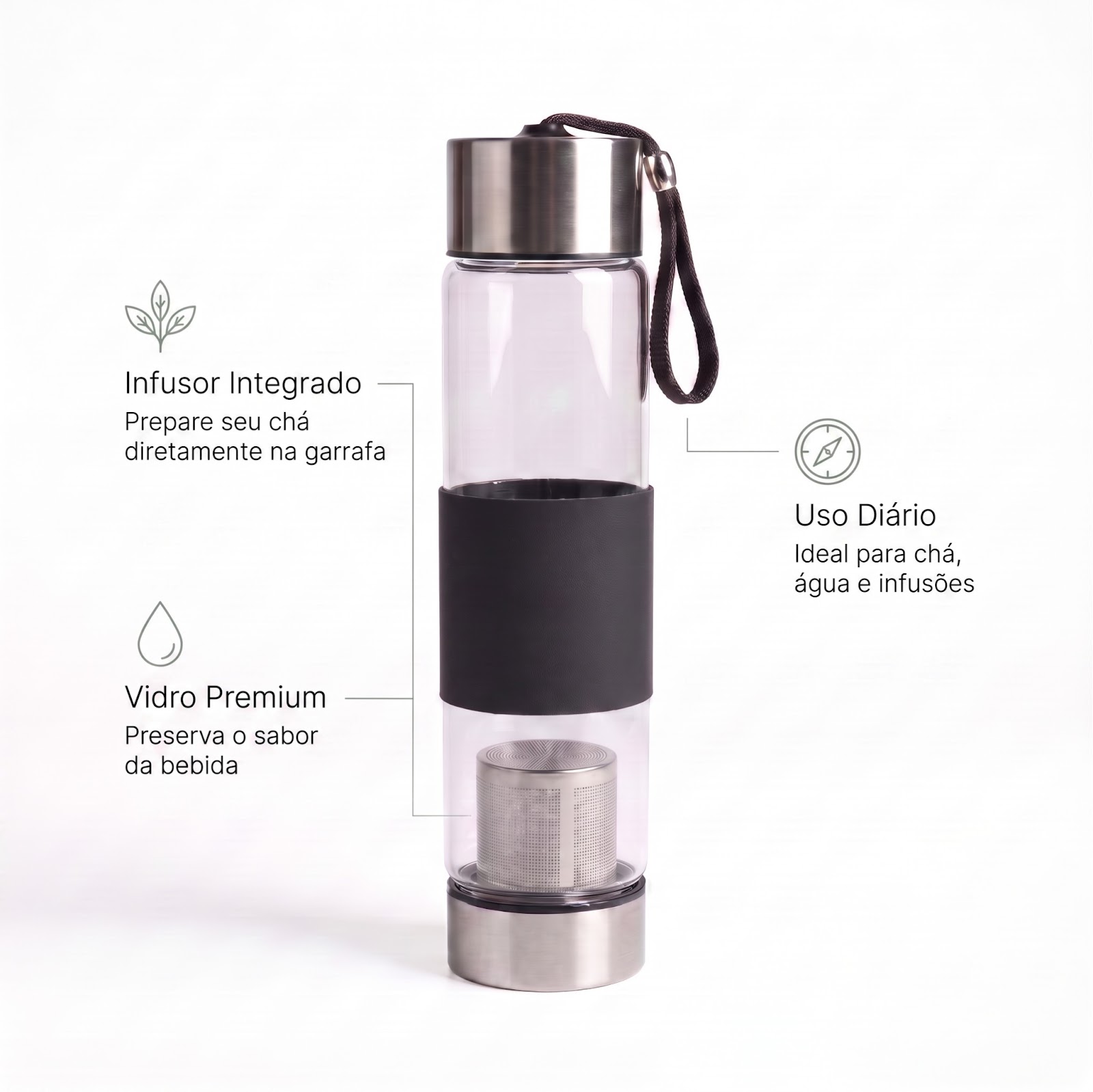 Garrafa de Vidro com Infusor de Chá 450ml Preta