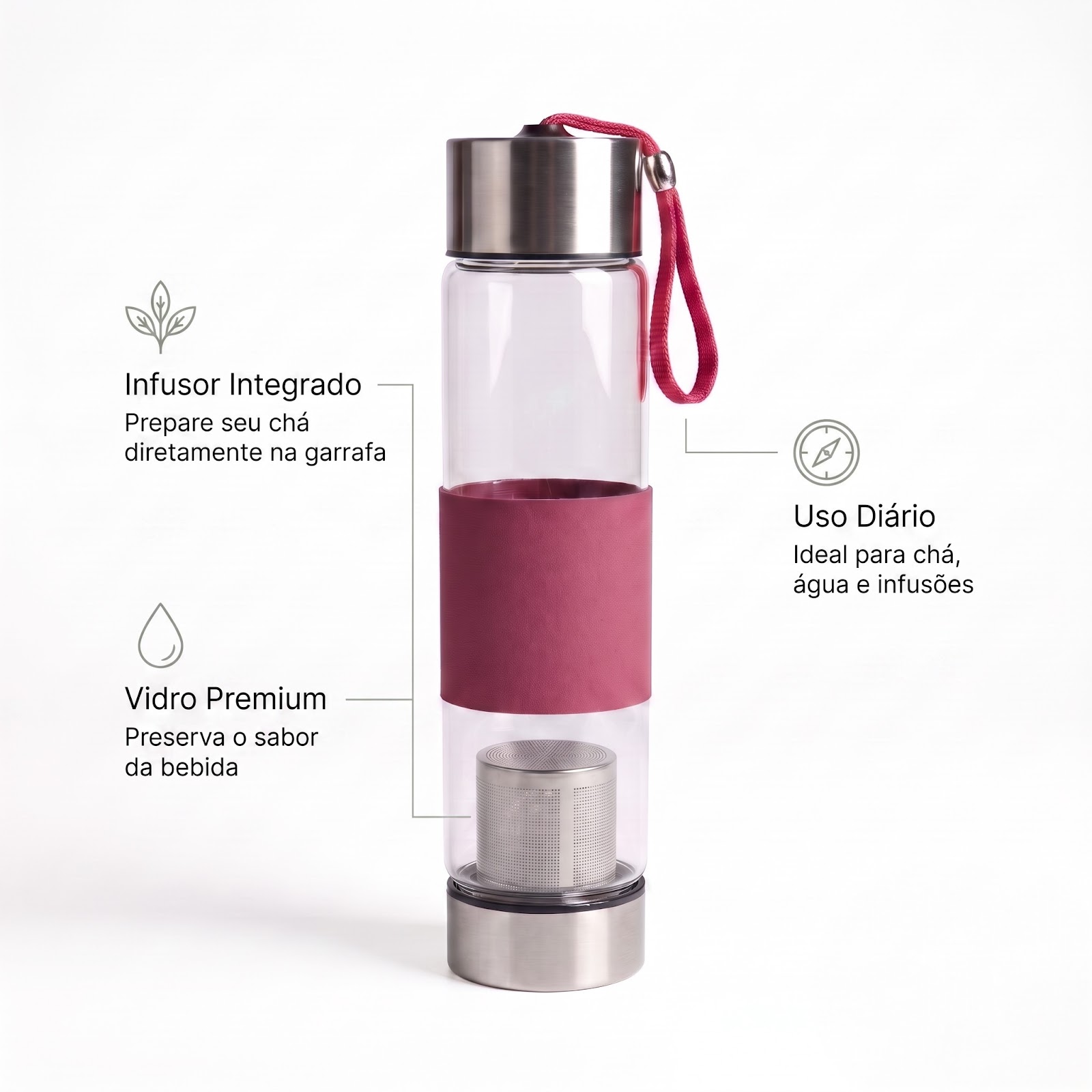 Garrafa de Vidro com Infusor de Chá 450ml Rosa