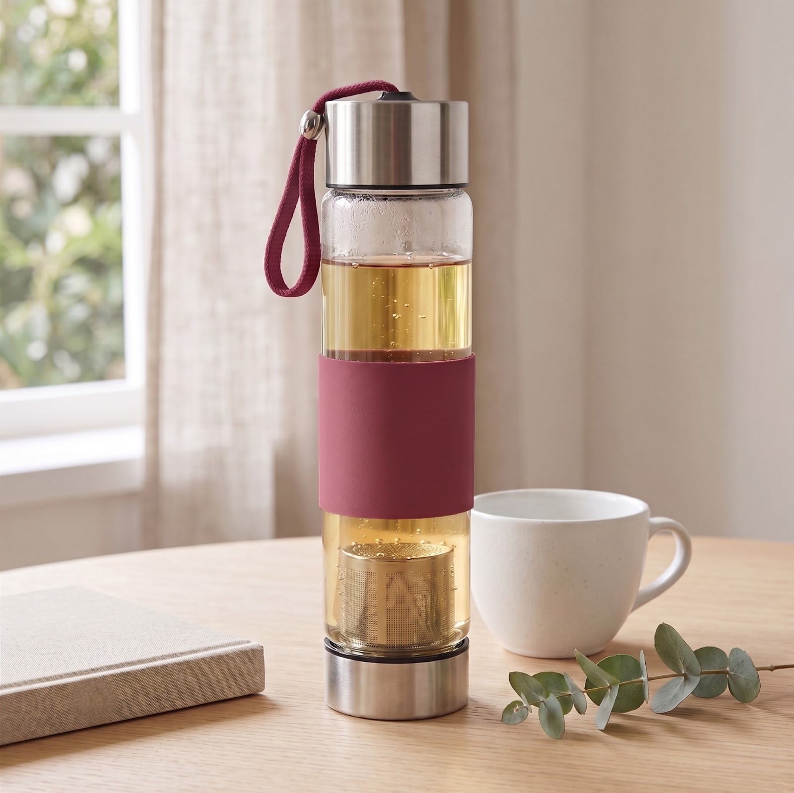 Garrafa de Vidro com Infusor de Chá 450ml Rosa