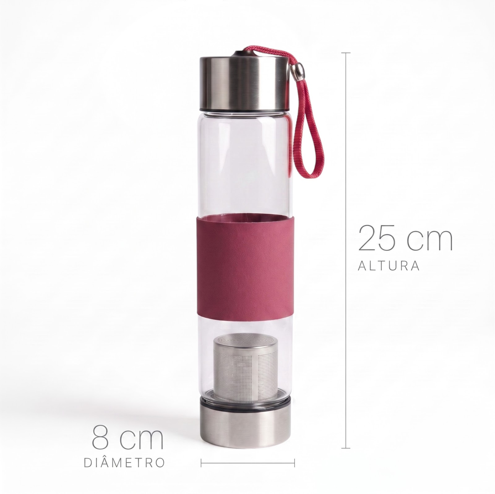 Garrafa de Vidro com Infusor de Chá 450ml Rosa