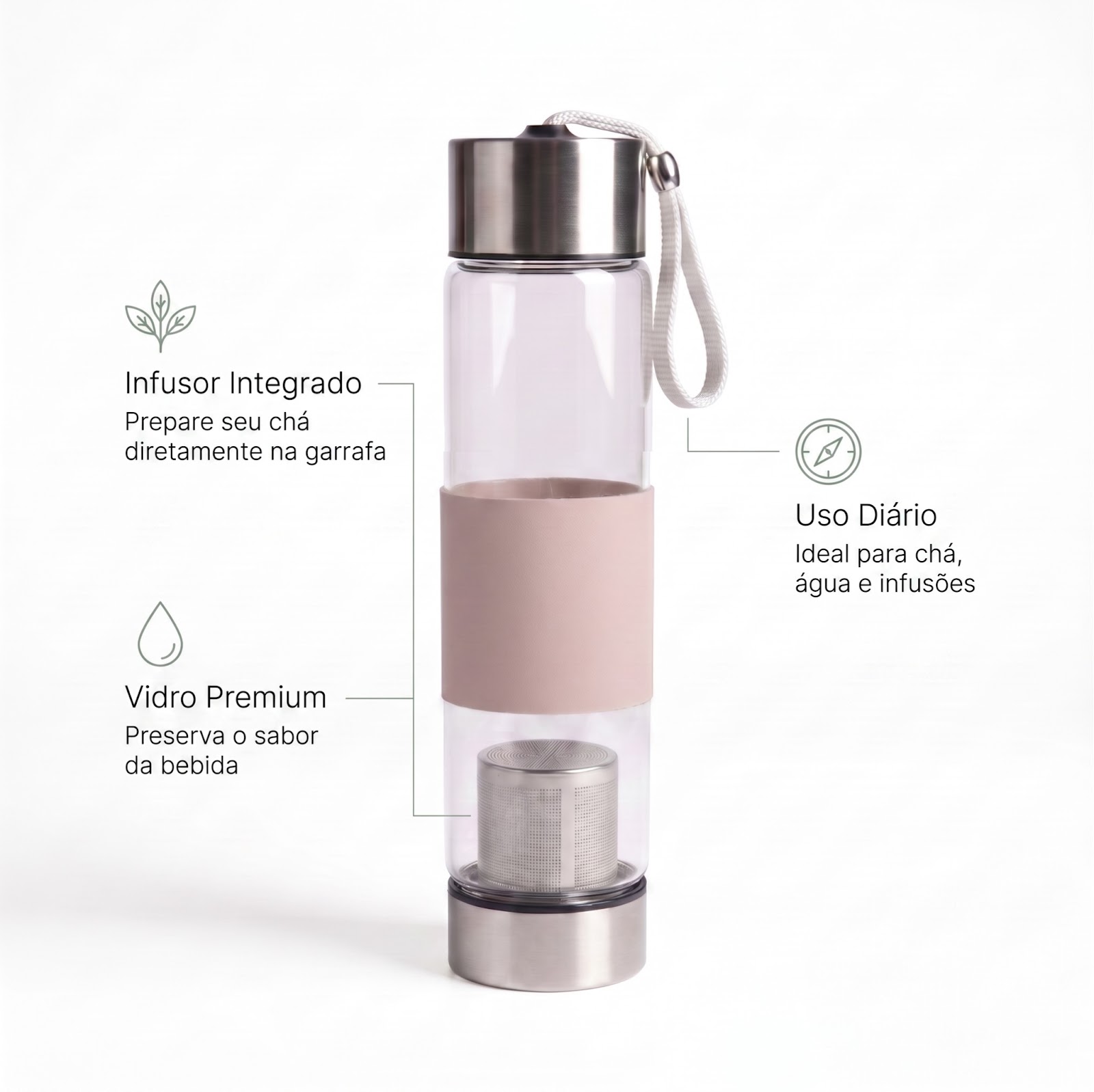 Garrafa de Vidro com Infusor de Chá 450ml Bege