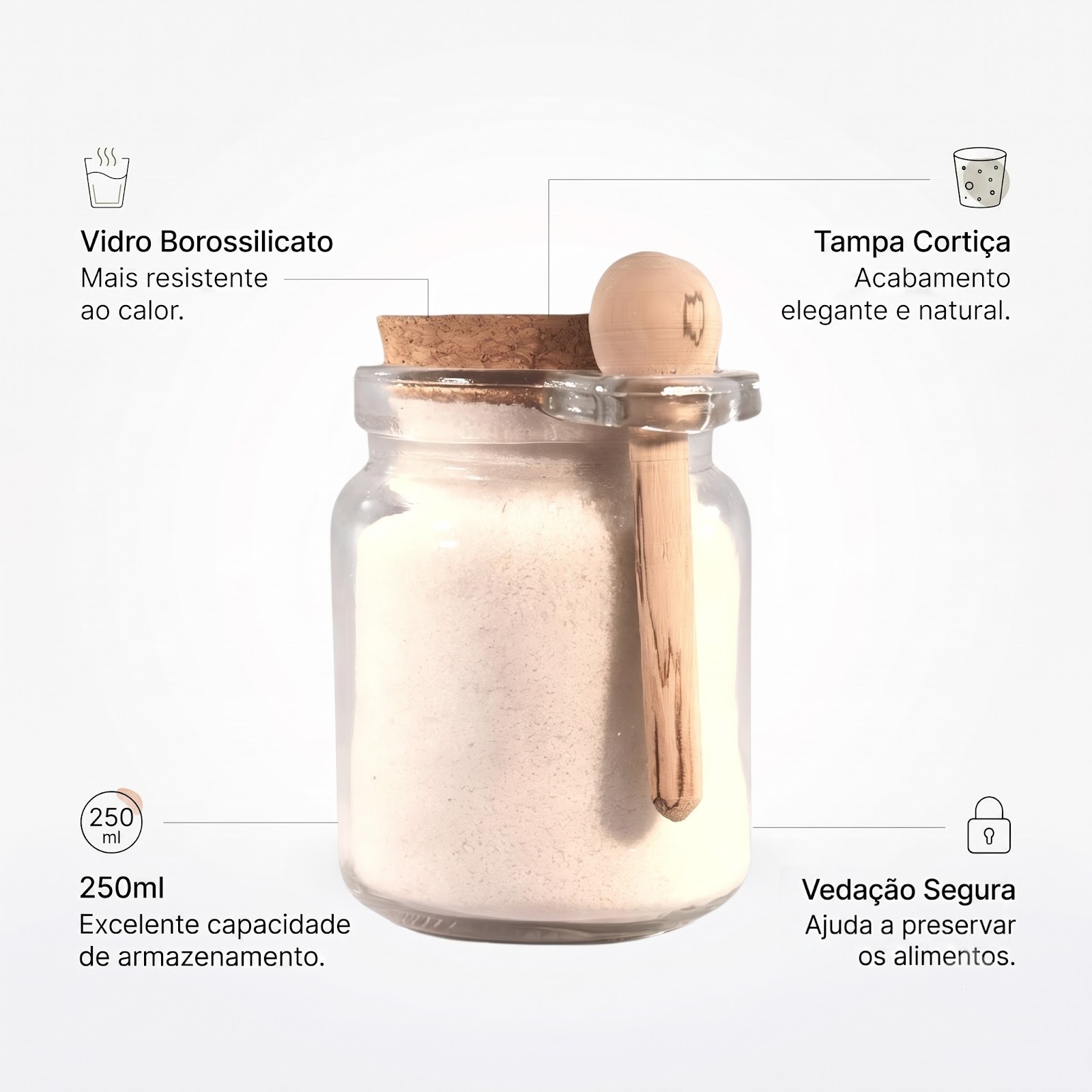 Porta Tempero Vidro c/ Colher 250ml Borossilicato Tampa Cortiça