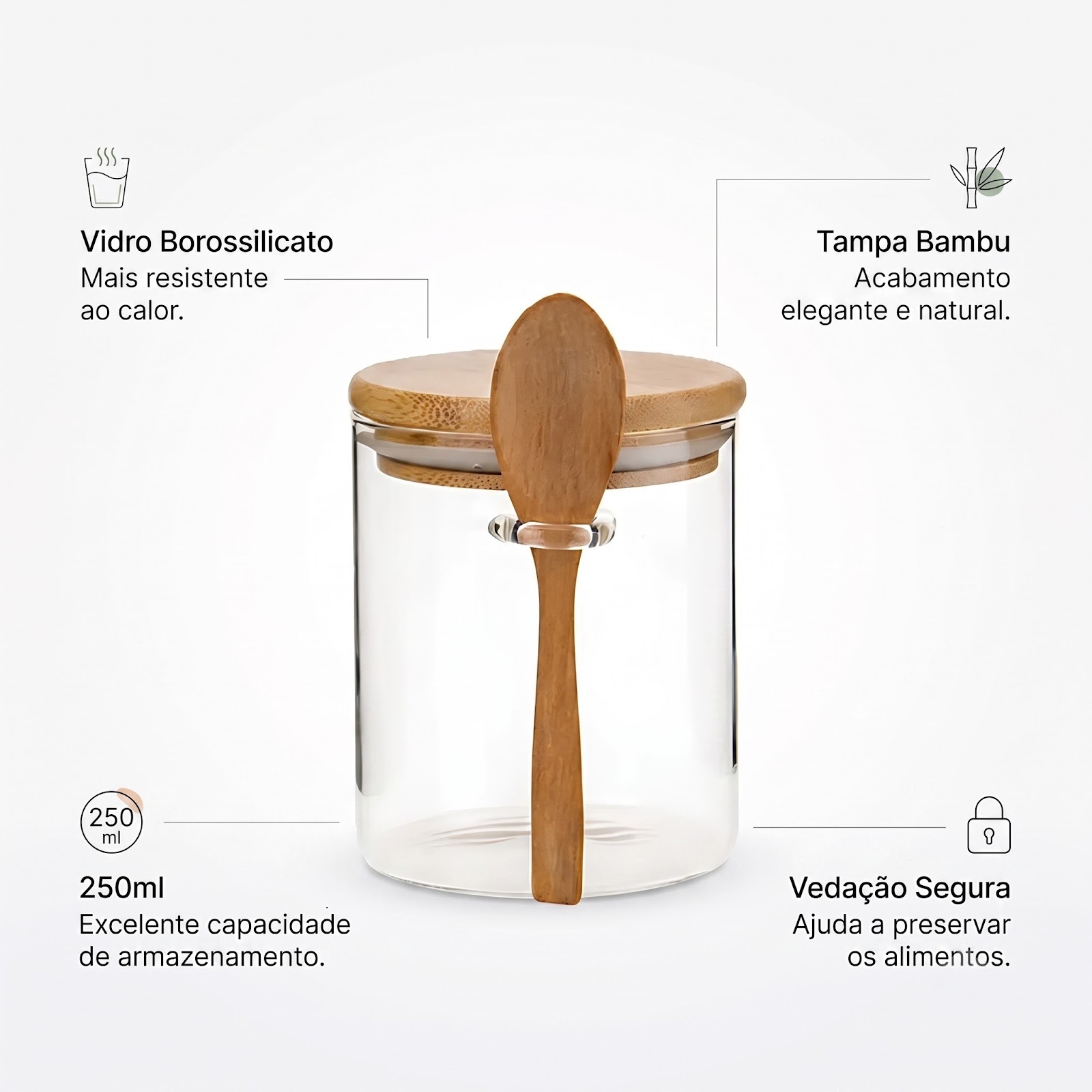Porta Tempero Vidro c/ Colher 250ml Borossilicato Tampa Bambu