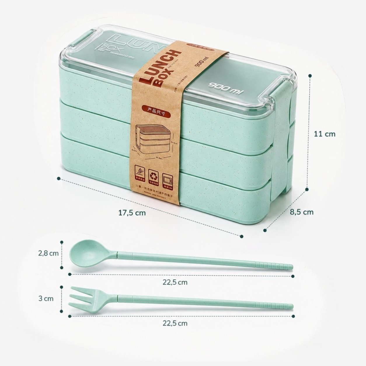 Marmita 3 Compartimentos c/ Talheres Kamibox Prática Fit Verde