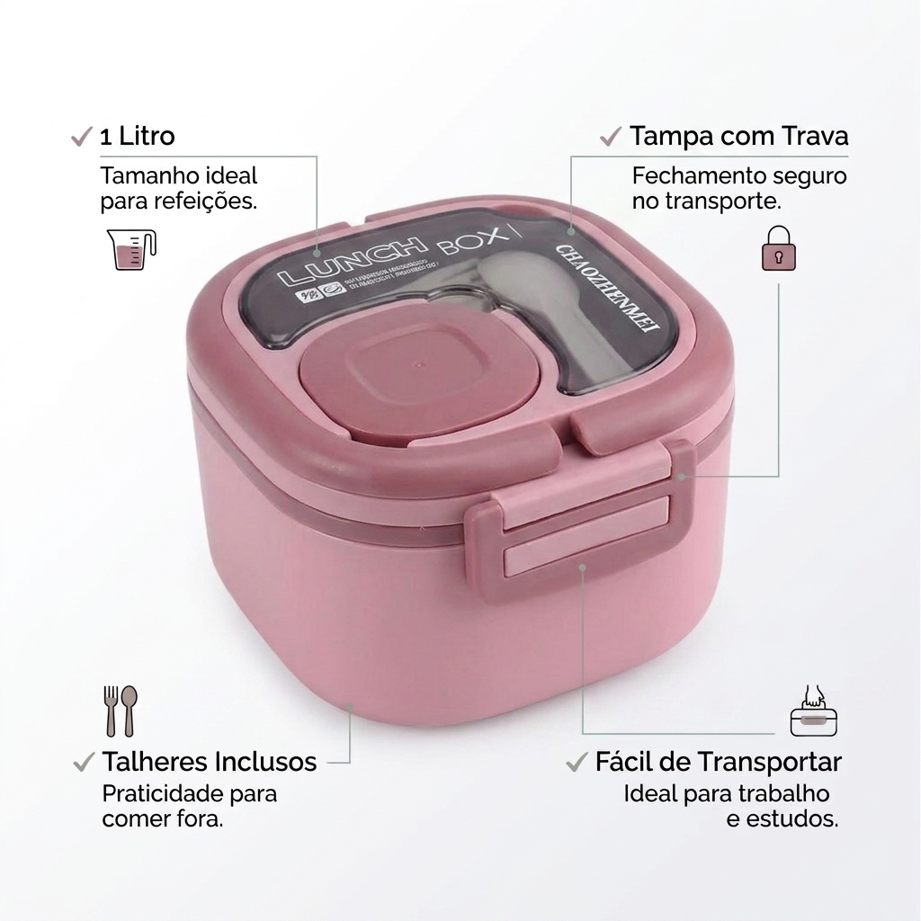 Marmita Pote 1L Talheres Tampa com Trava Prática Rosa