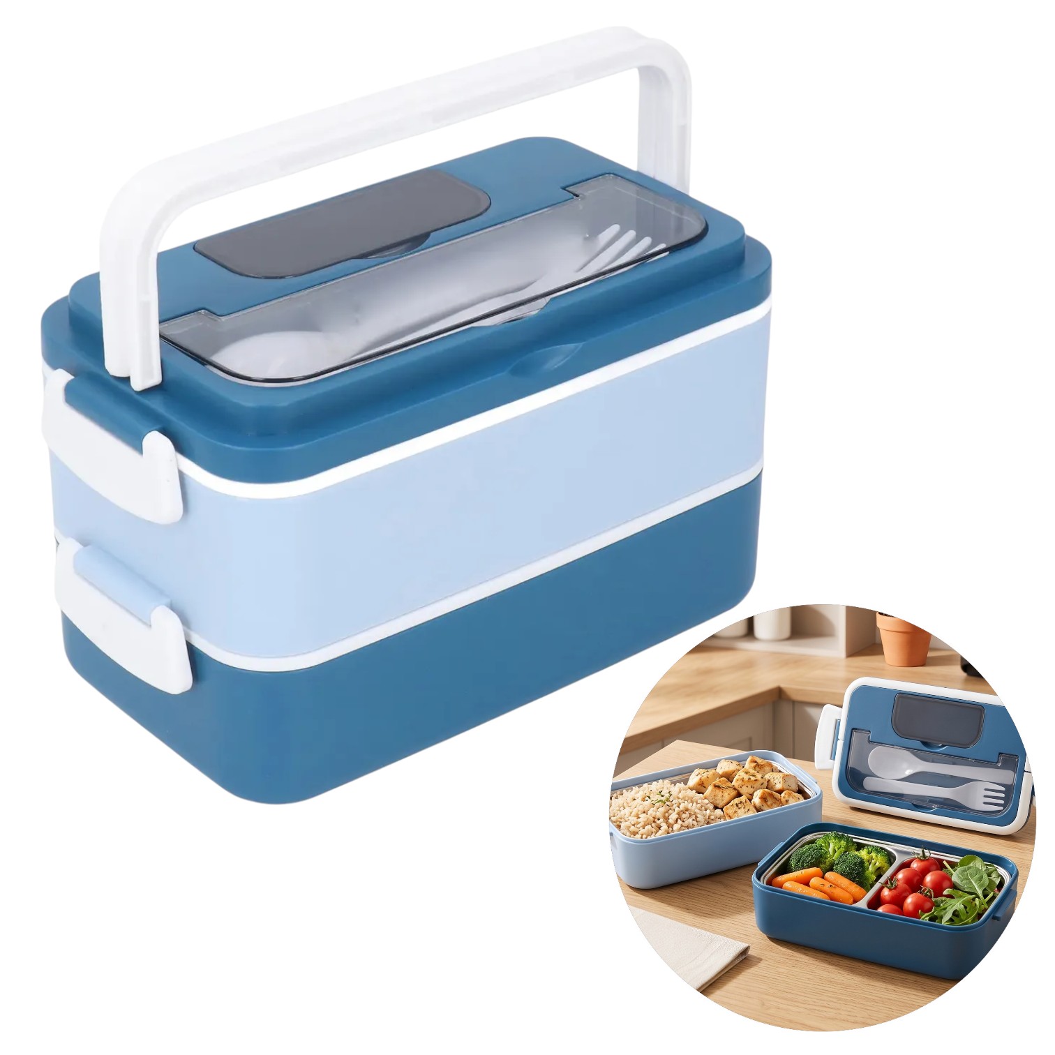 Marmita Térmica 2 Compartimentos Inox c/ Talheres Vita Box Duo