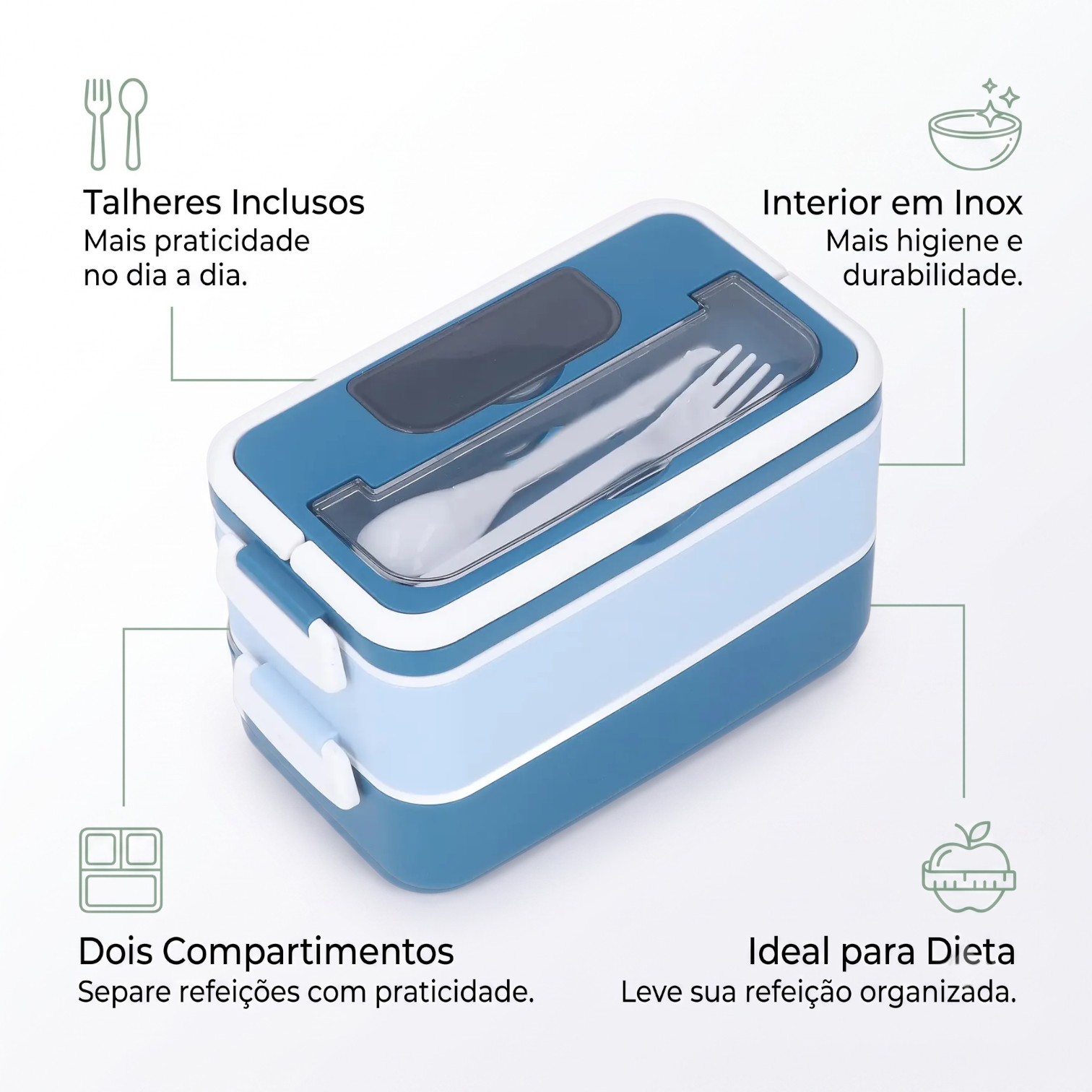 Marmita Térmica 2 Compartimentos Inox c/ Talheres Vita Box Duo