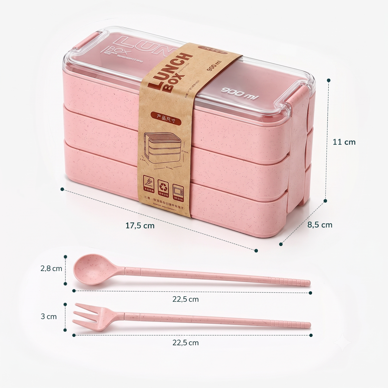 Marmita 3 Compartimentos c/ Talheres Kamibox Prática Fit Rosa