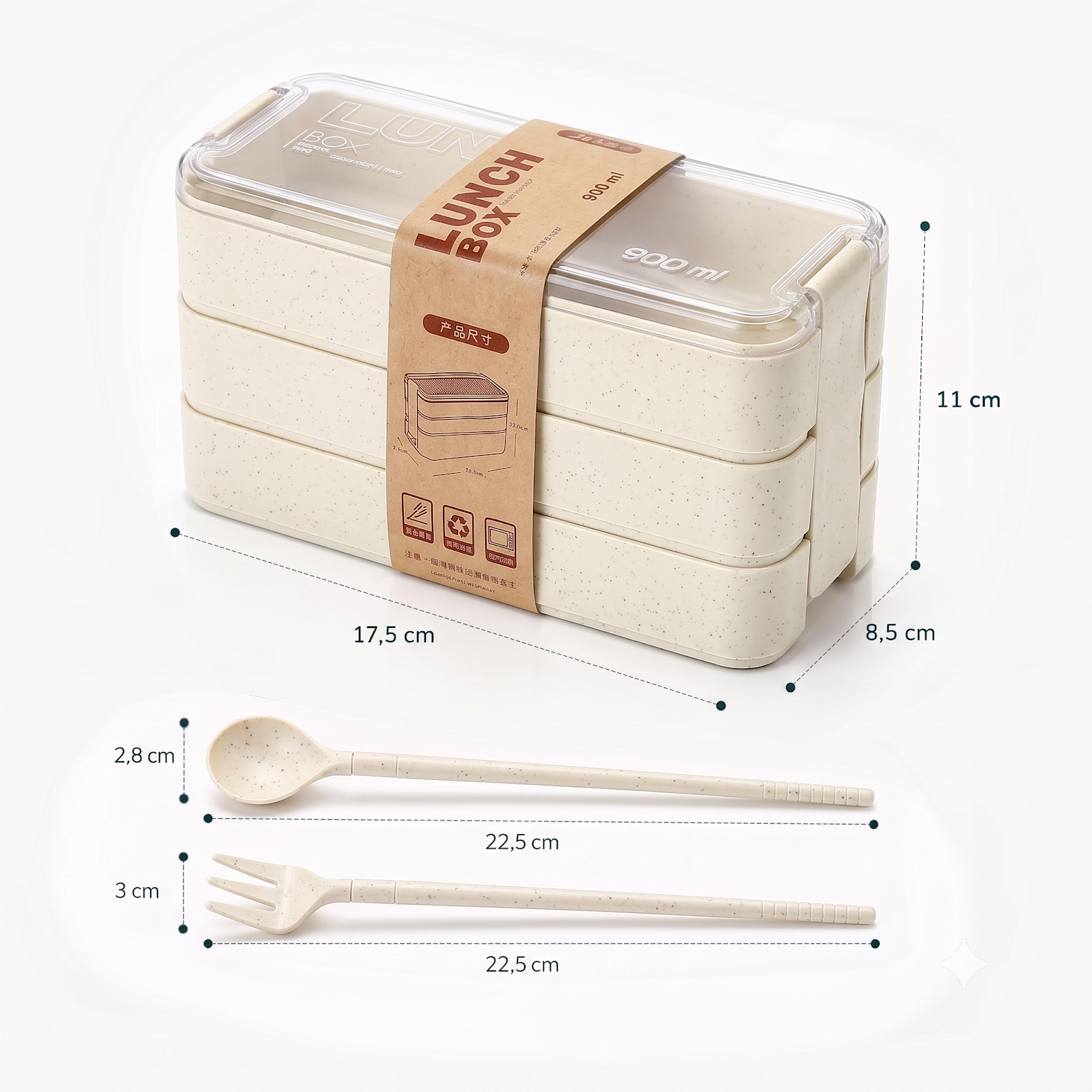 Marmita 3 Compartimentos c/ Talheres Kamibox Prática Fit Bege