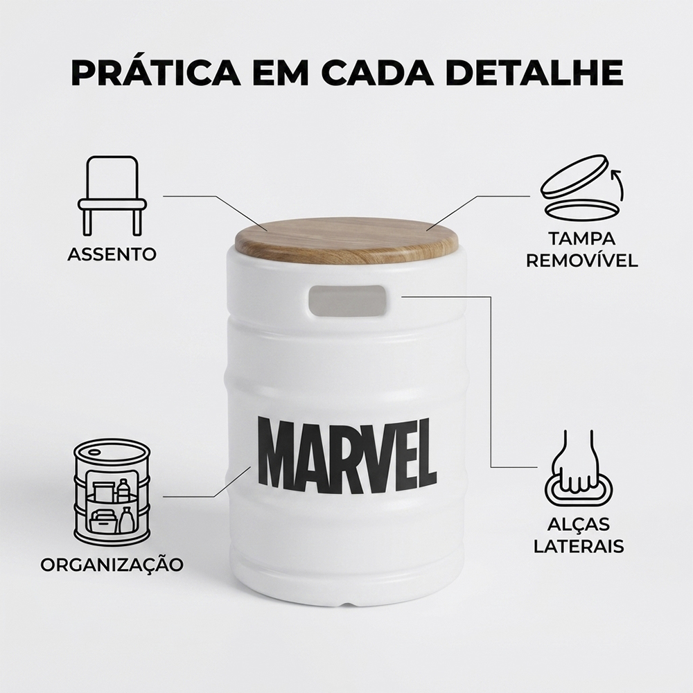 Banco Barril Marvel Branco Tampo de Madeira
