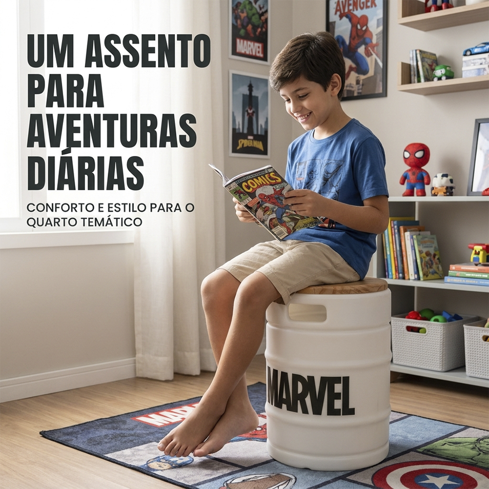 Banco Barril Marvel Branco Tampo de Madeira