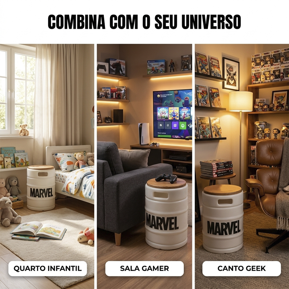 Banco Barril Marvel Branco Tampo de Madeira