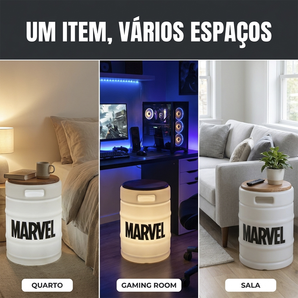 Barril Iluminado Banco Marvel Branco Licenciado Luminária
