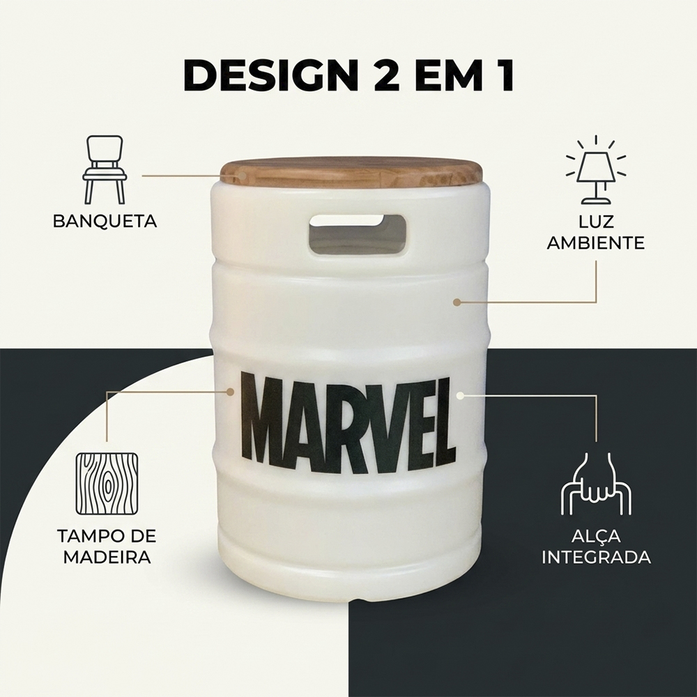 Barril Iluminado Banco Marvel Branco Licenciado Luminária