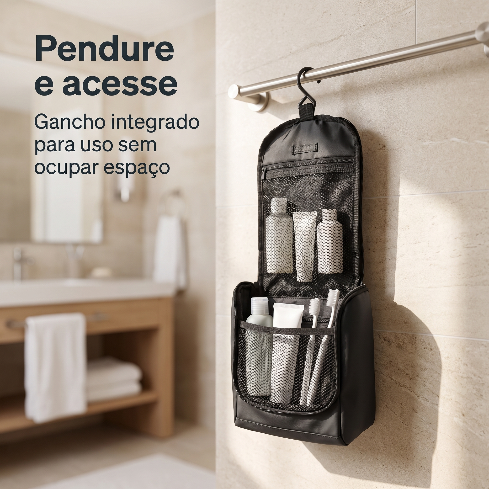 Necessaire 5,5L Preta c/ Gancho Suspensa Organizador de Viagem