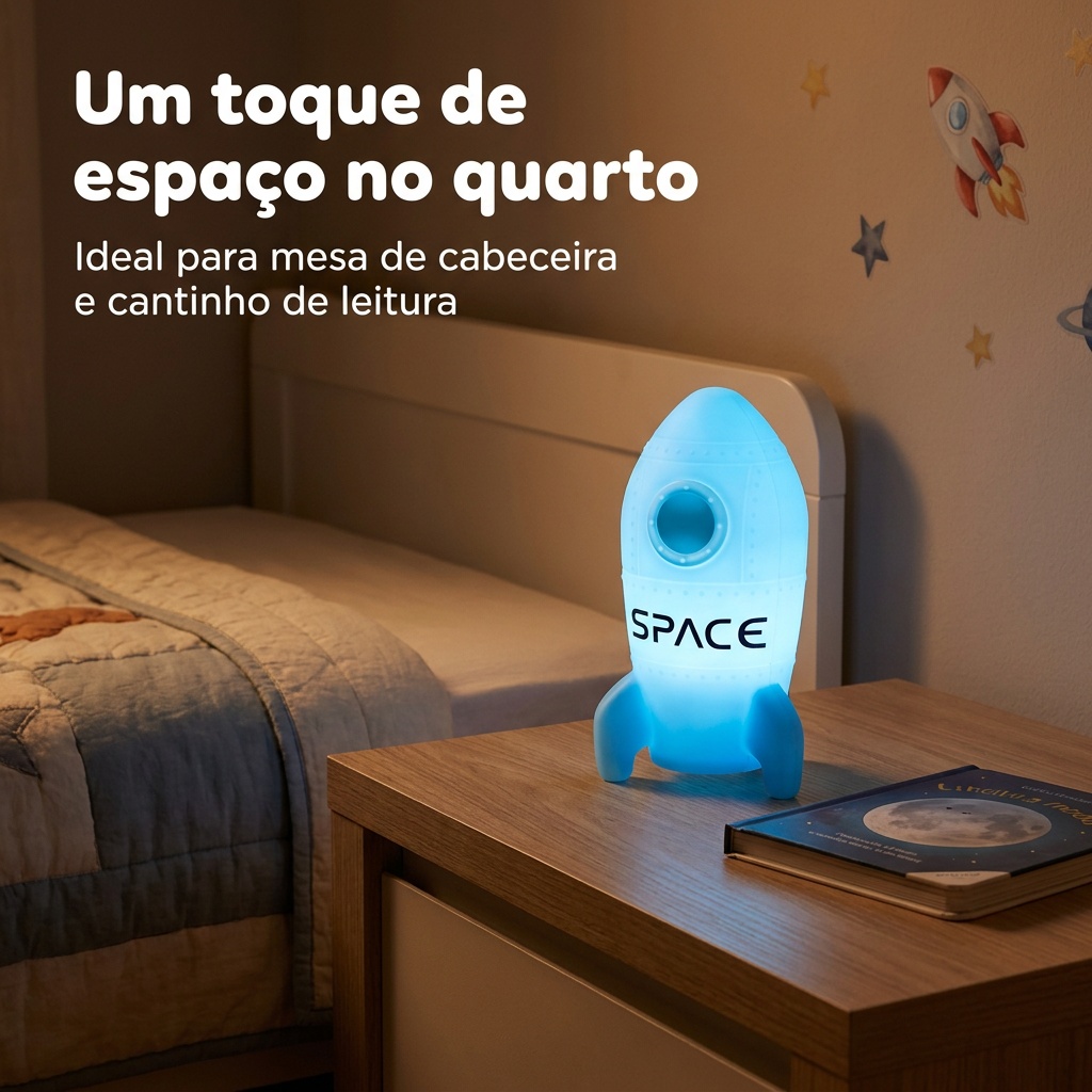 Luminária Foguete de Mesa Azul Luz Difusa Decorativa