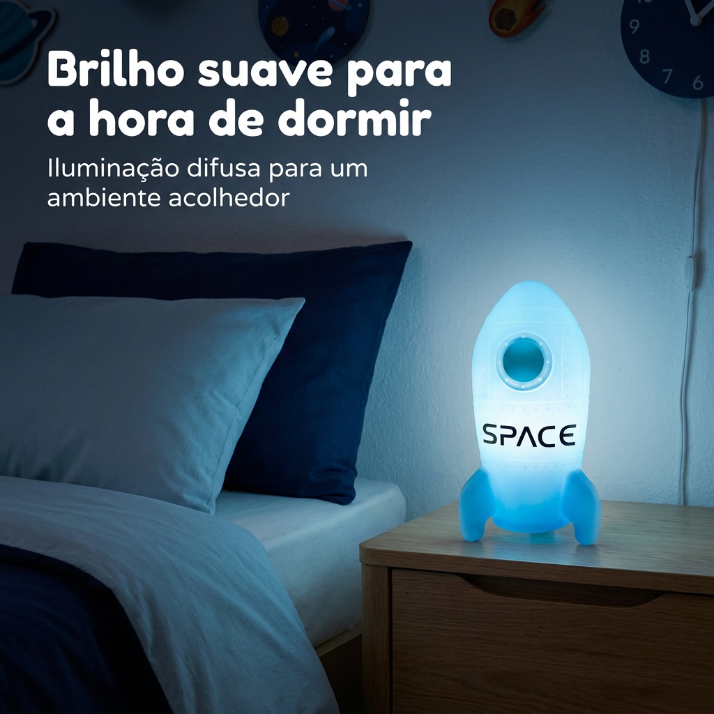 Luminária Foguete de Mesa Azul Luz Difusa Decorativa