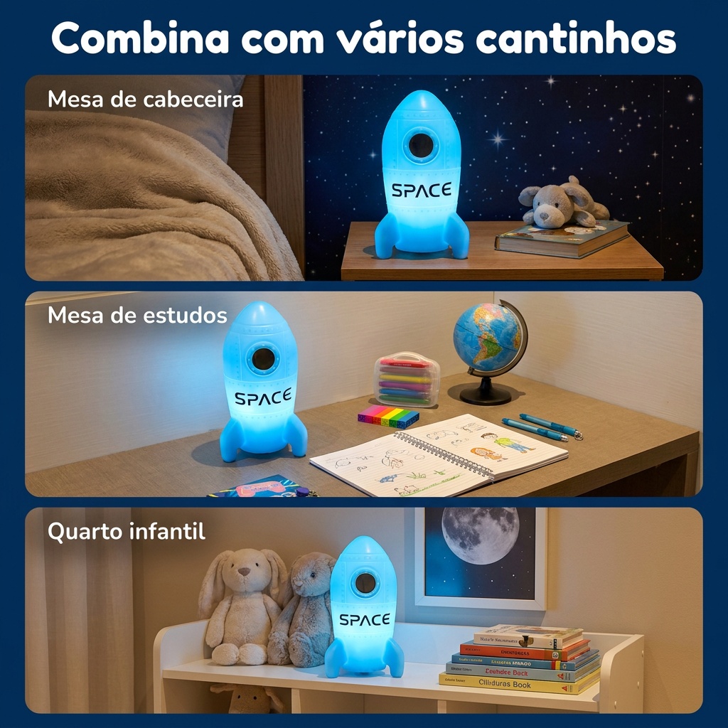 Luminária Foguete de Mesa Azul Luz Difusa Decorativa