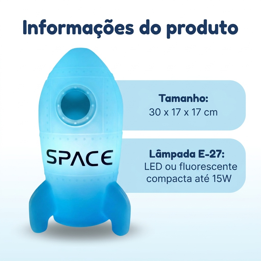 Luminária Foguete de Mesa Azul Luz Difusa Decorativa