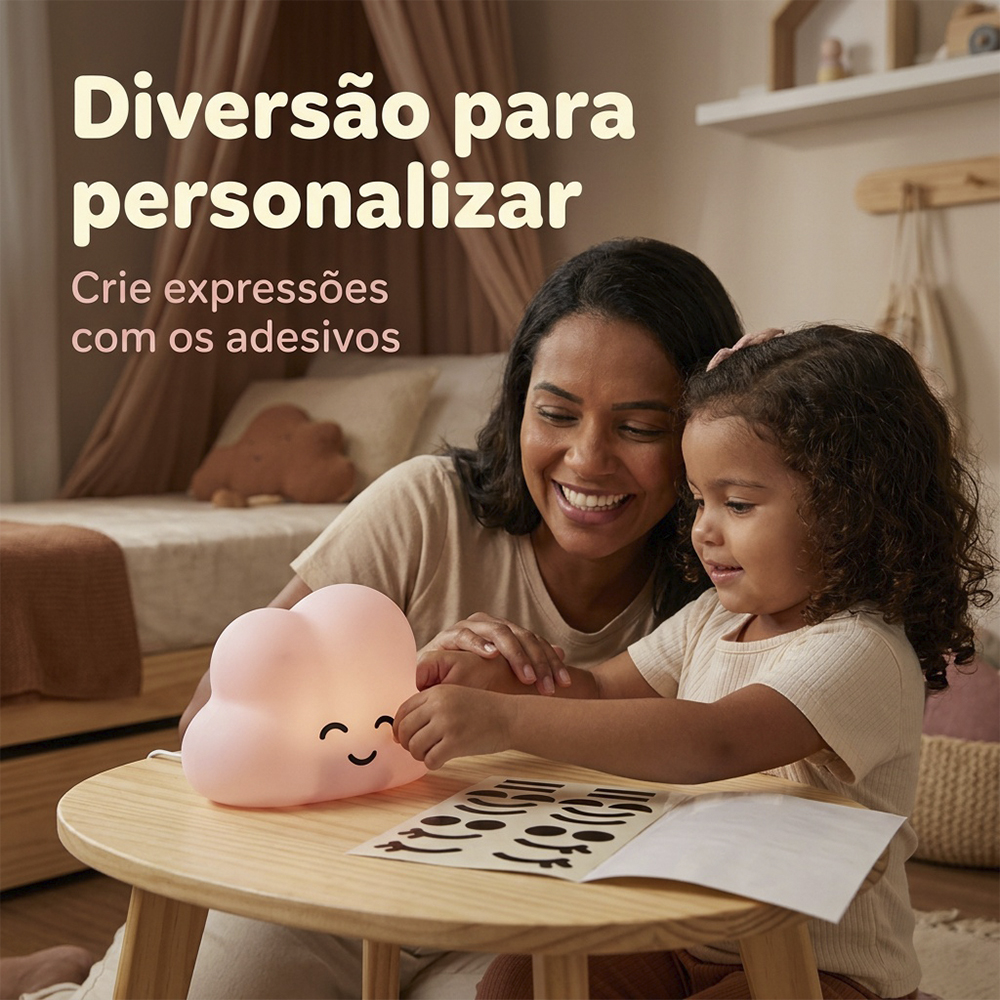 Luminária Nuvem Rosa de Mesa com Adesivos
