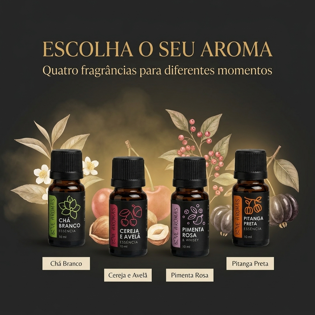 Kit 4 Essências Aromáticas Black Collection 10ml Chá Branco Cereja e Avelã Pimenta Rosa e Whisky Pitanga Preta