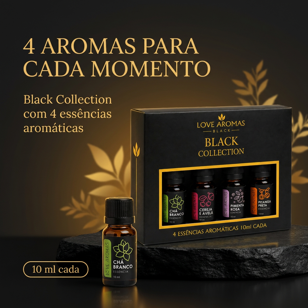 Kit 4 Essências Aromáticas Black Collection 10ml Chá Branco Cereja e Avelã Pimenta Rosa e Whisky Pitanga Preta