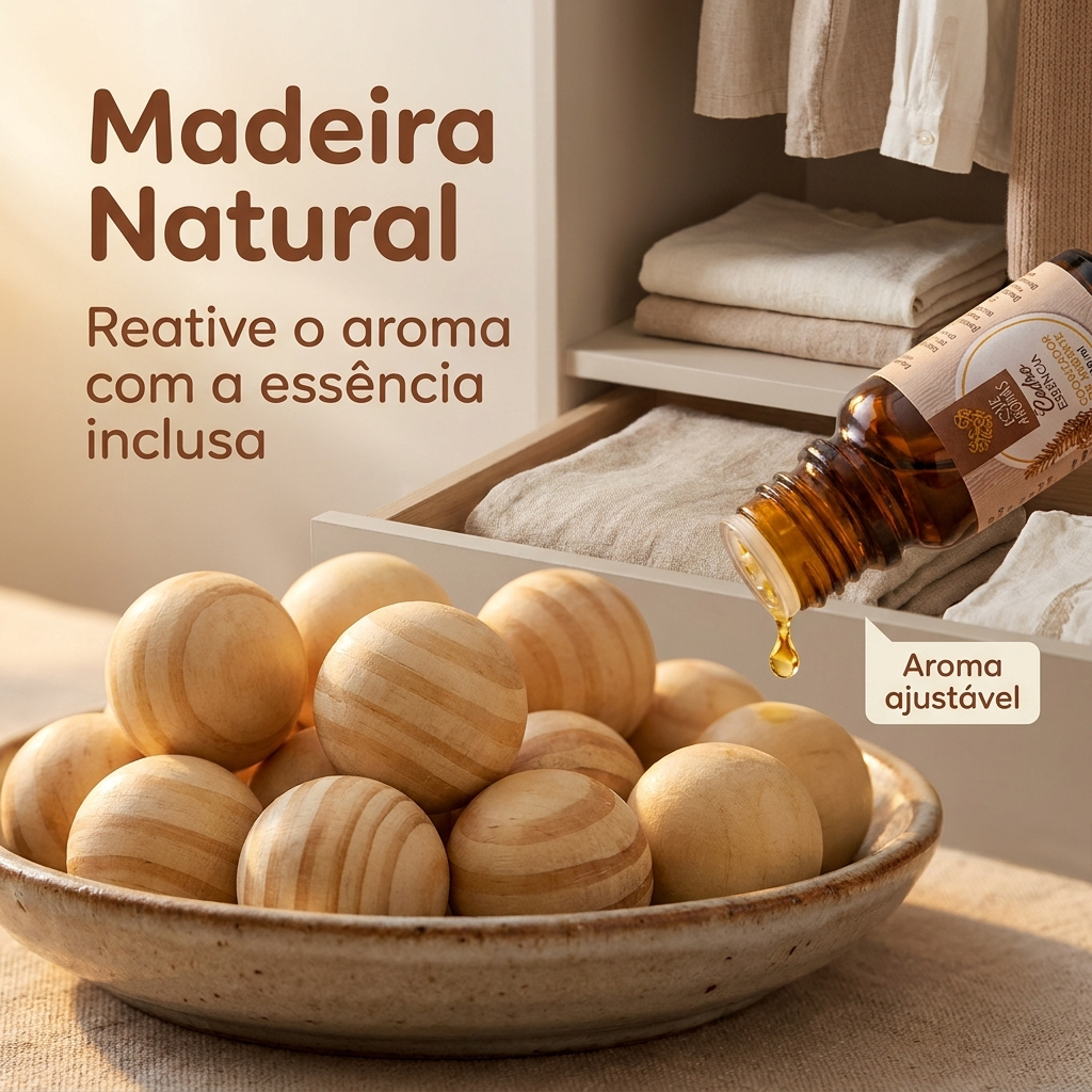 Kit Aromatizador com 15 Bolinhas de Madeira Pinus 10ml Essência e 3 Saquinhos de Organza