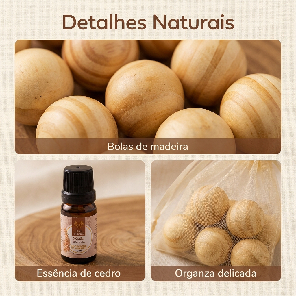 Kit Aromatizador com 15 Bolinhas de Madeira Pinus 10ml Essência e 3 Saquinhos de Organza