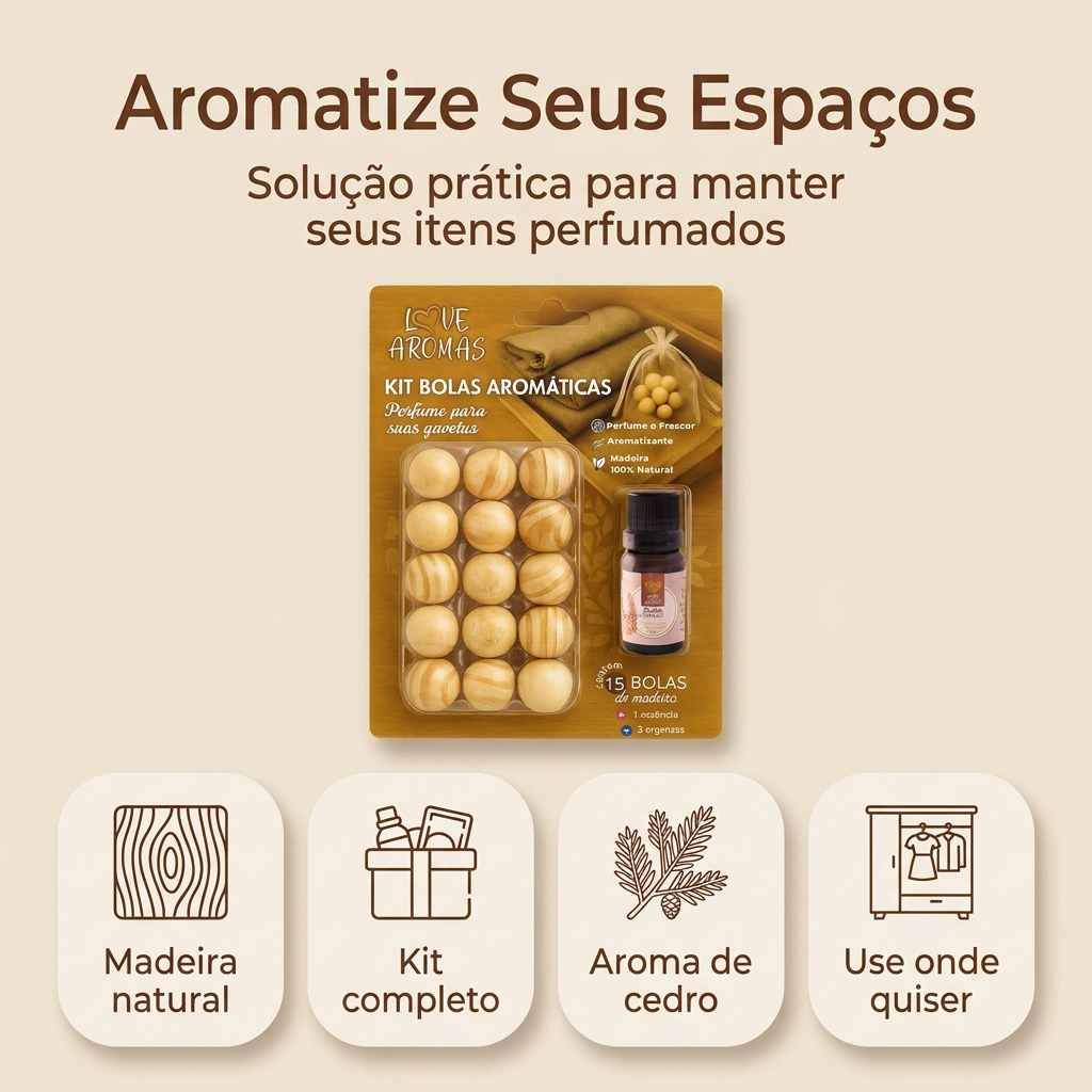 Kit Aromatizador com 15 Bolinhas de Madeira Pinus 10ml Essência e 3 Saquinhos de Organza
