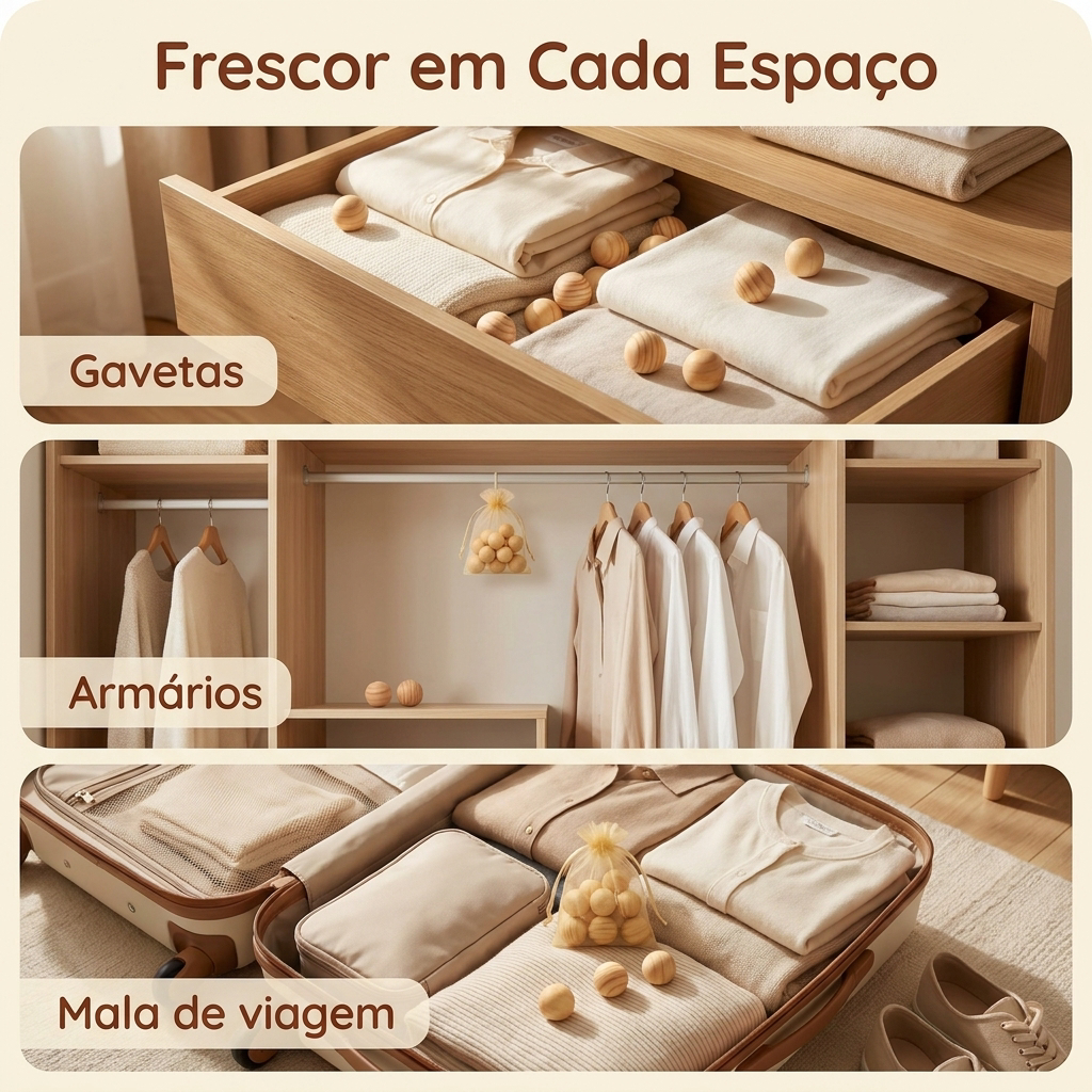 Kit Aromatizador com 15 Bolinhas de Madeira Pinus 10ml Essência e 3 Saquinhos de Organza