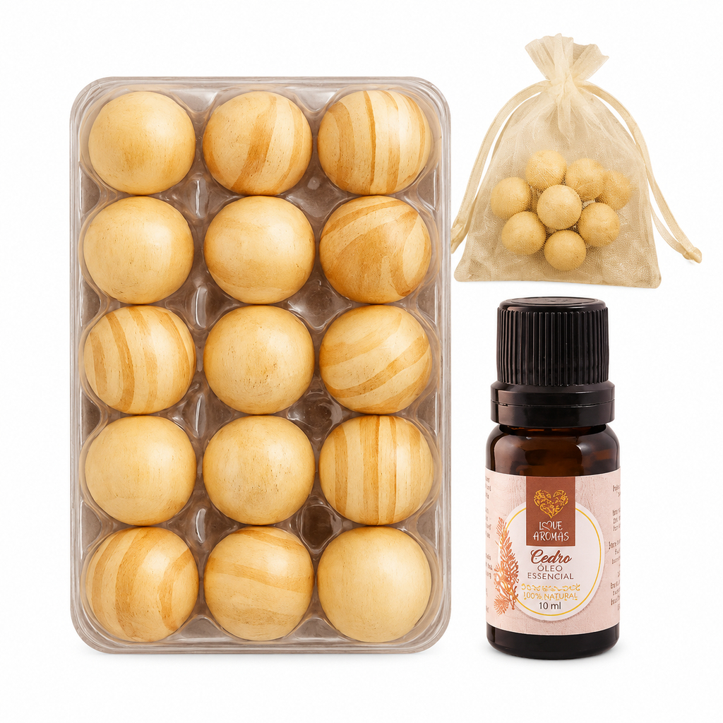 Kit Aromatizador com 15 Bolinhas de Madeira Pinus 10ml Essência e 3 Saquinhos de Organza