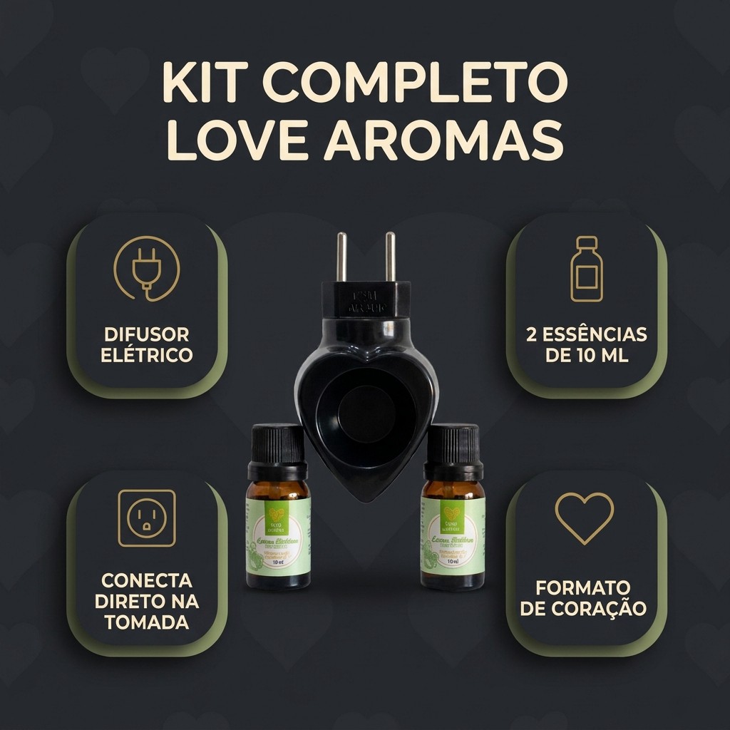 Kit Difusor Elétrico Preto + 2 Essências 10ml Love Aromas