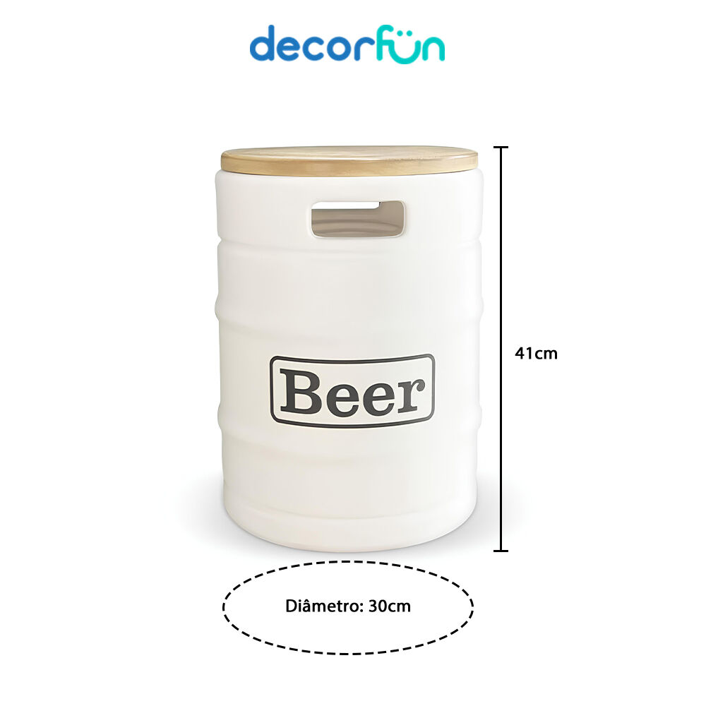 Banco Iluminado Beer Barrel Branco Porta Objetos Tampo Madeira Bivolt