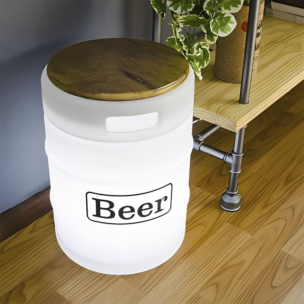 Banco Iluminado Beer Barrel Branco Porta Objetos Tampo Madeira Bivolt