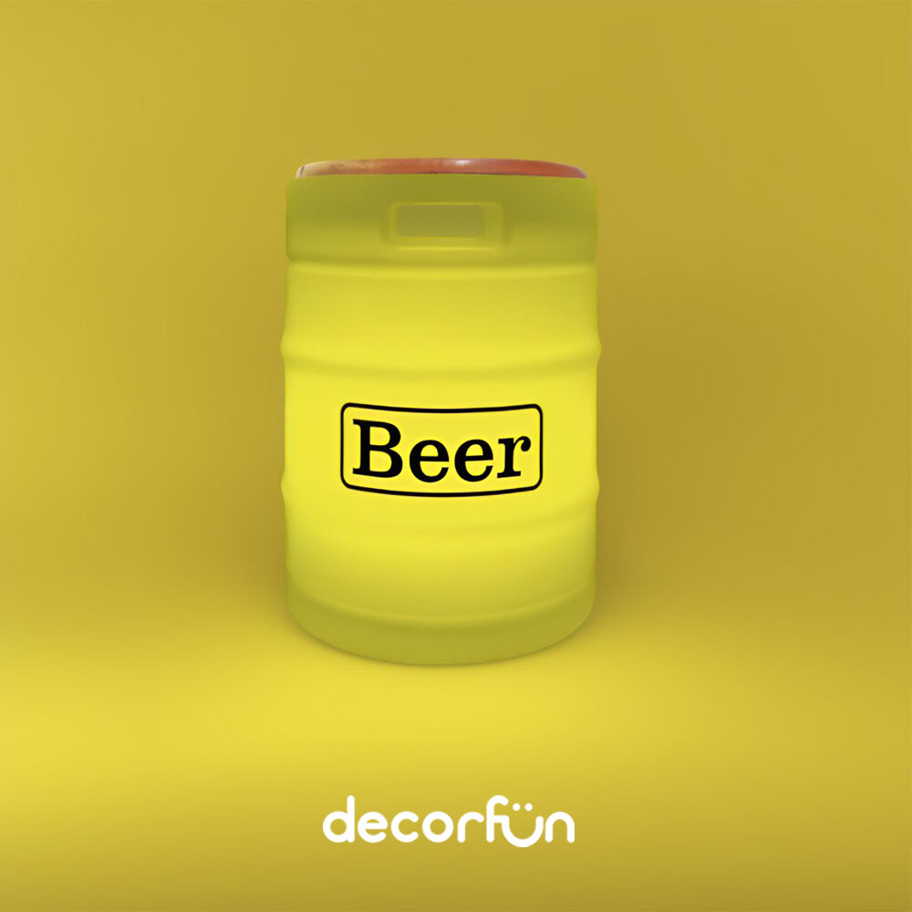 Banco Iluminado Beer Barrel Amarelo Porta Objetos Tampo Madeira Bivolt