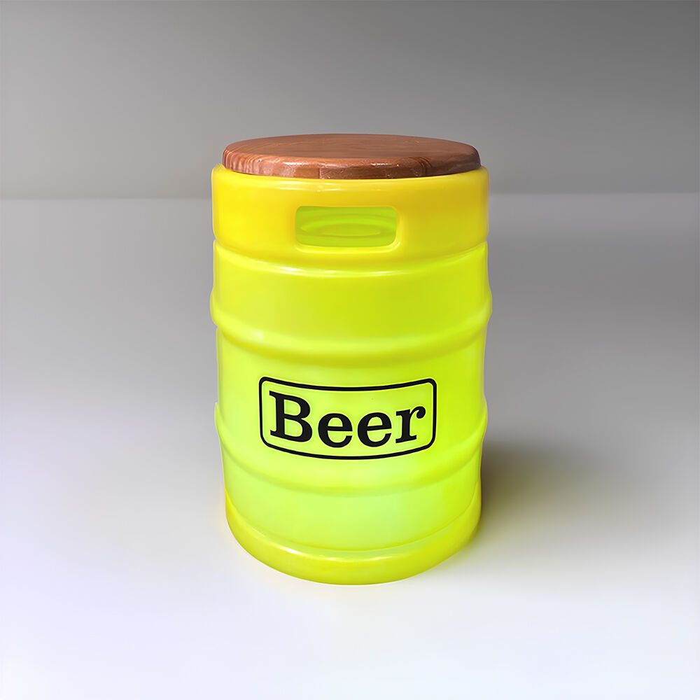 Banco Iluminado Beer Barrel Amarelo Porta Objetos Tampo Madeira Bivolt