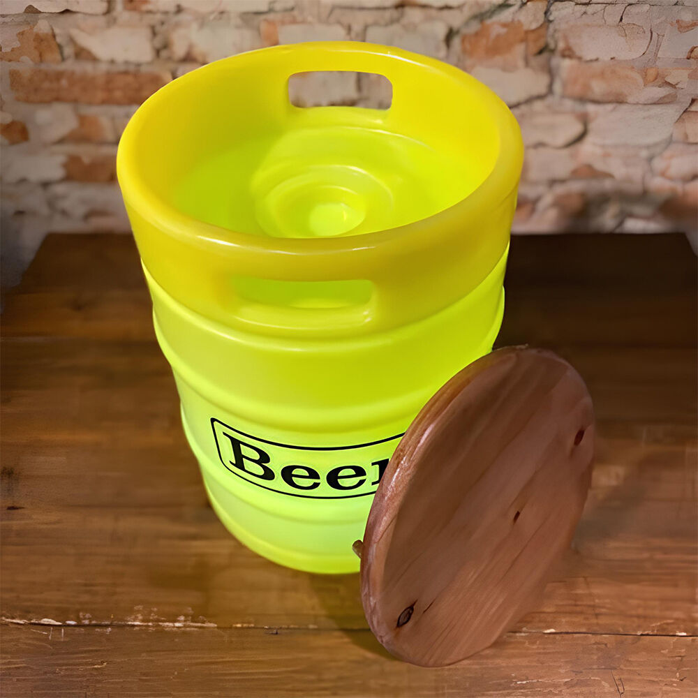 Banco Iluminado Beer Barrel Amarelo Porta Objetos Tampo Madeira Bivolt