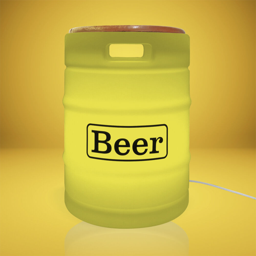 Banco Iluminado Beer Barrel Amarelo Porta Objetos Tampo Madeira Bivolt