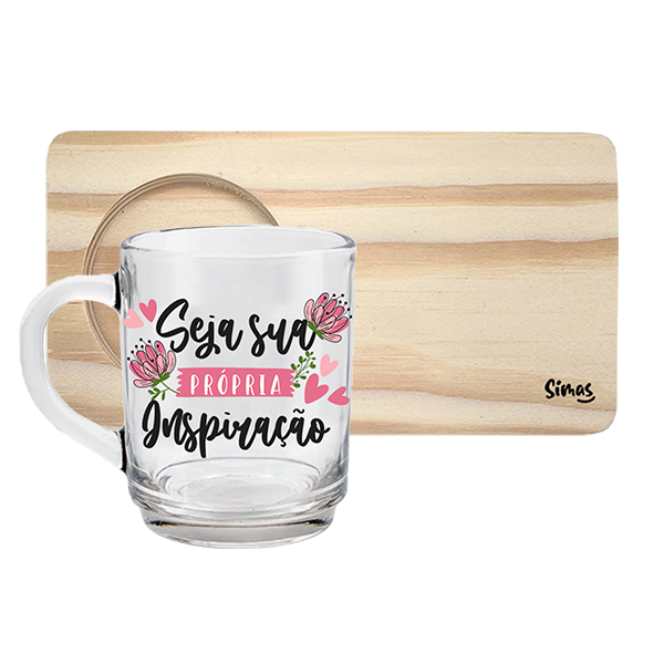 Caneca de Vidro com Suporte de Madeira - Seja Sua Inspiração