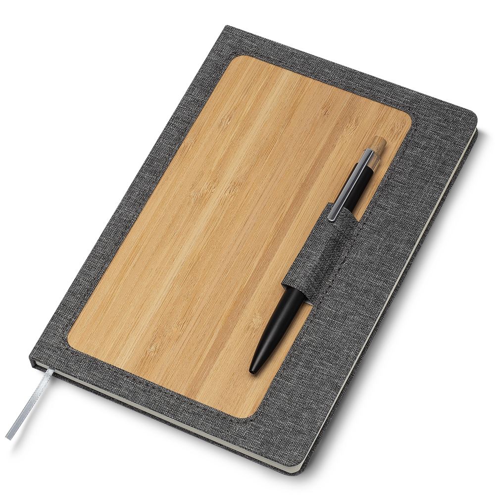 Caderno Com Capa Dura em Bambu com Suporte de Caneta Cinza
