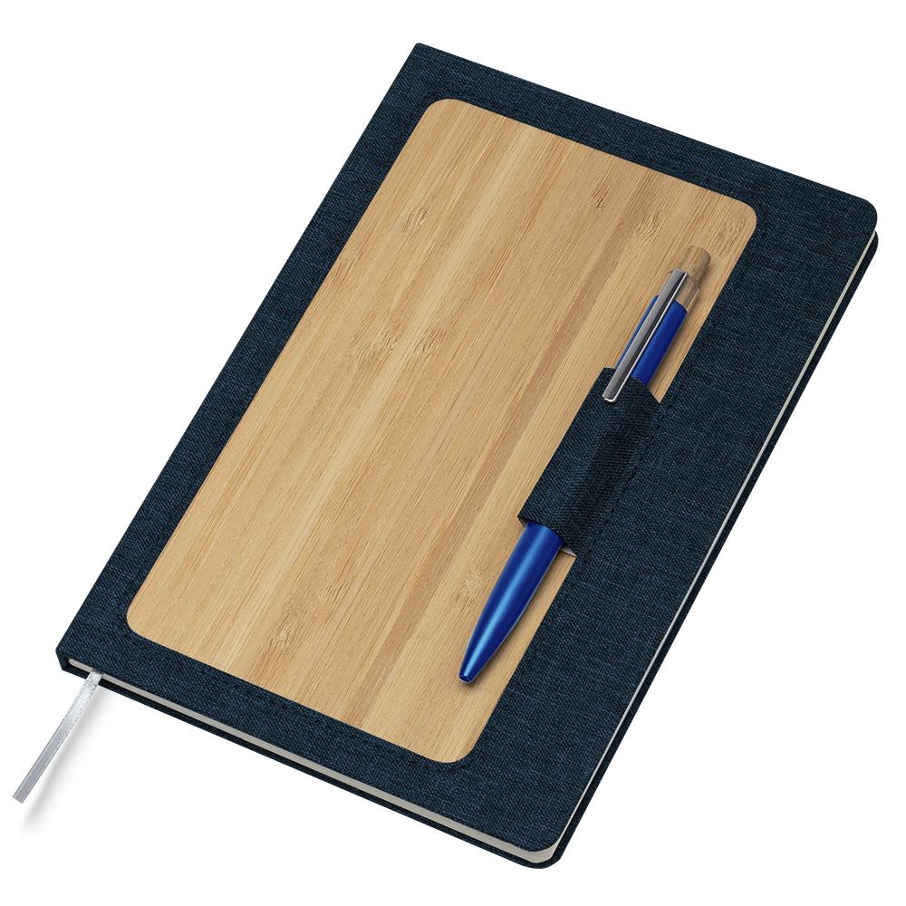 Caderno Com Capa Dura em Bambu com Suporte de Caneta Azul