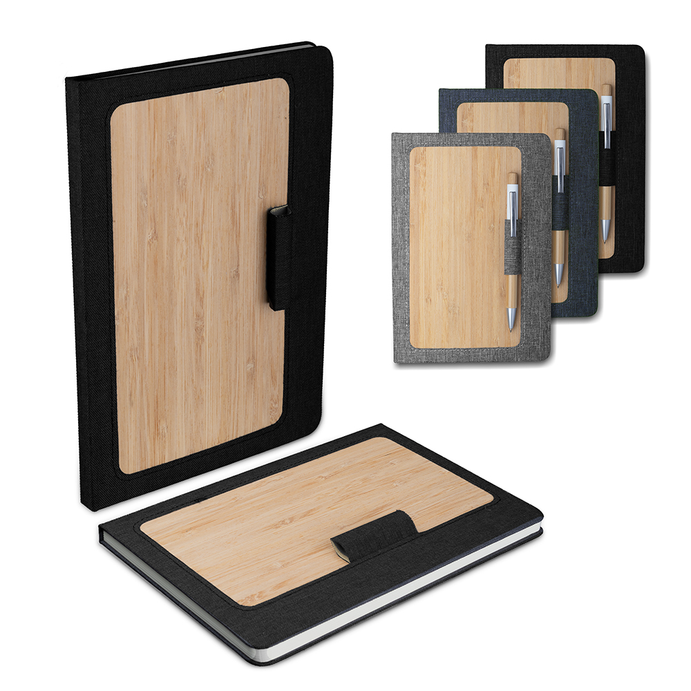 Caderno Com Capa Dura em Bambu com Suporte de Caneta Preto