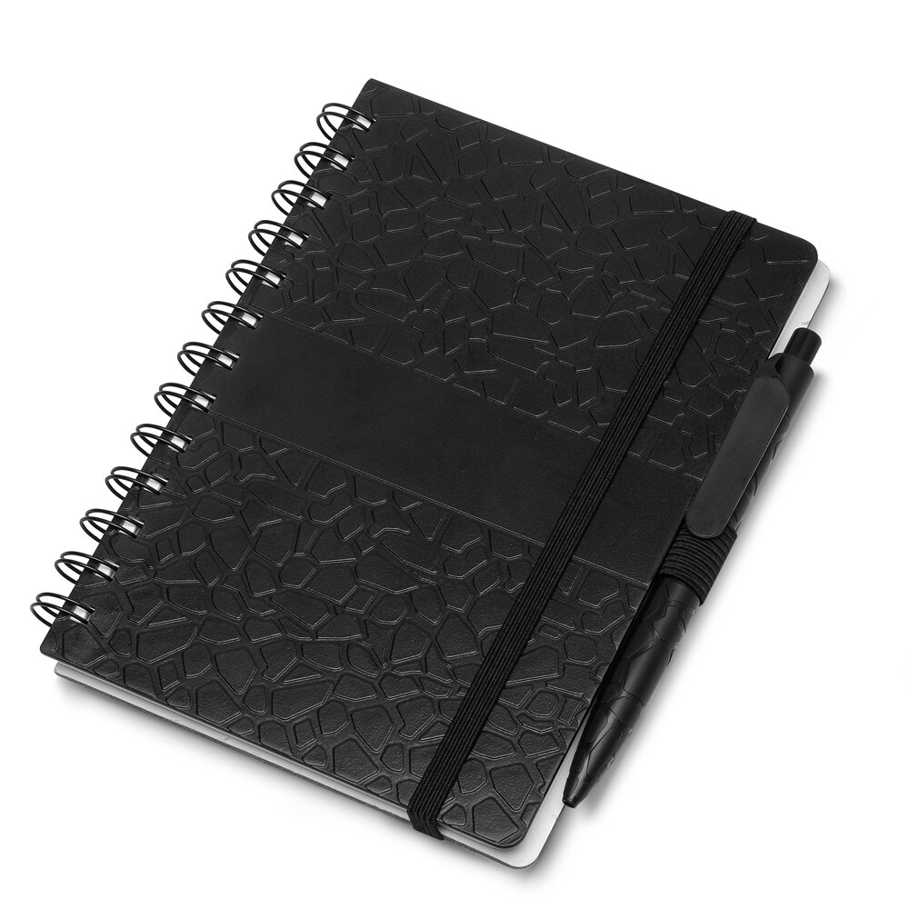 Caderno De Anotações com Caneta Aspiral e Elástico Preto
