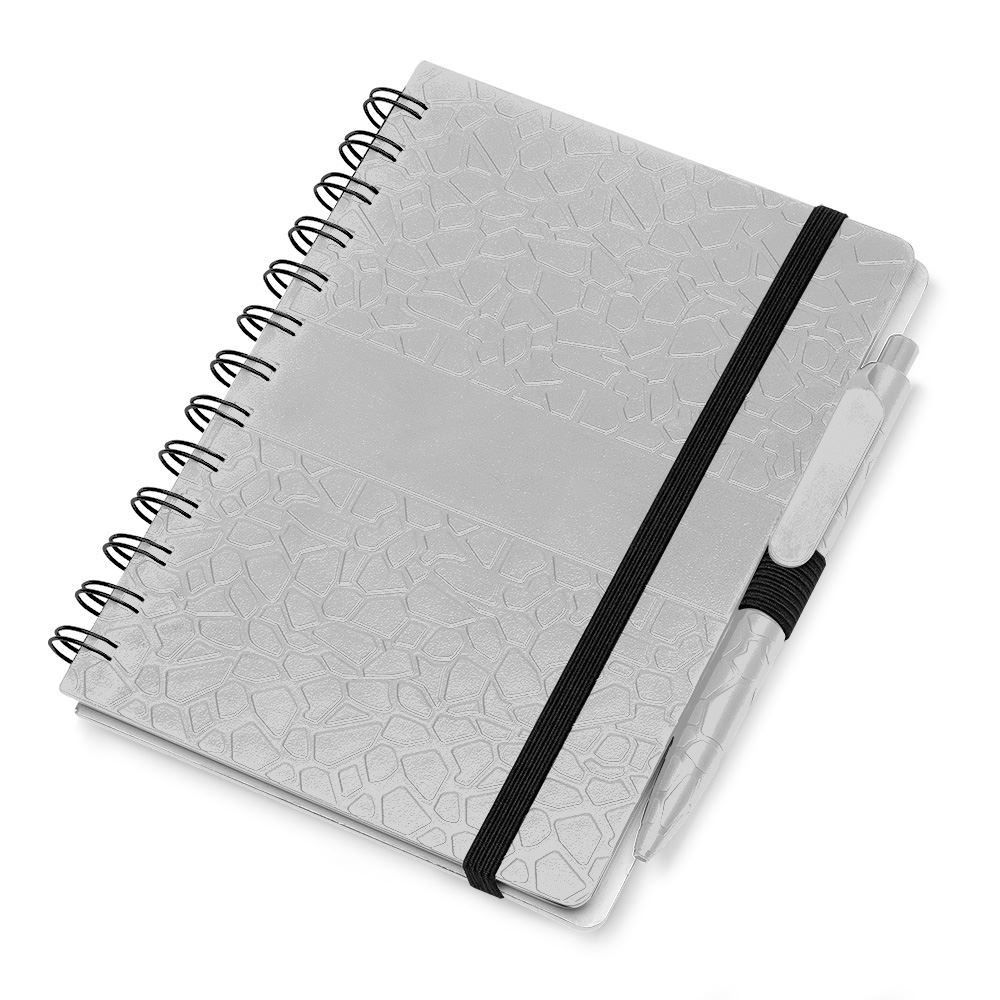 Caderno De Anotações com Caneta Aspiral e Elástico Cinza