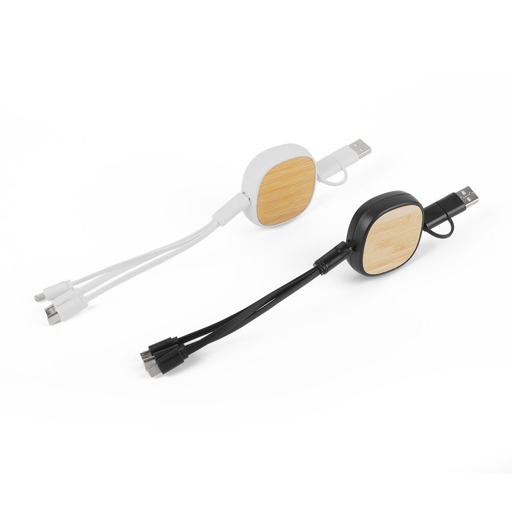 Cabo Carregador USB com 3 Entradas Base de Bambu Preto